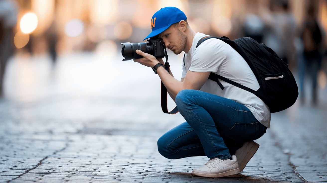 Young photojournalist capturing candid street moments in authentic news reporter style