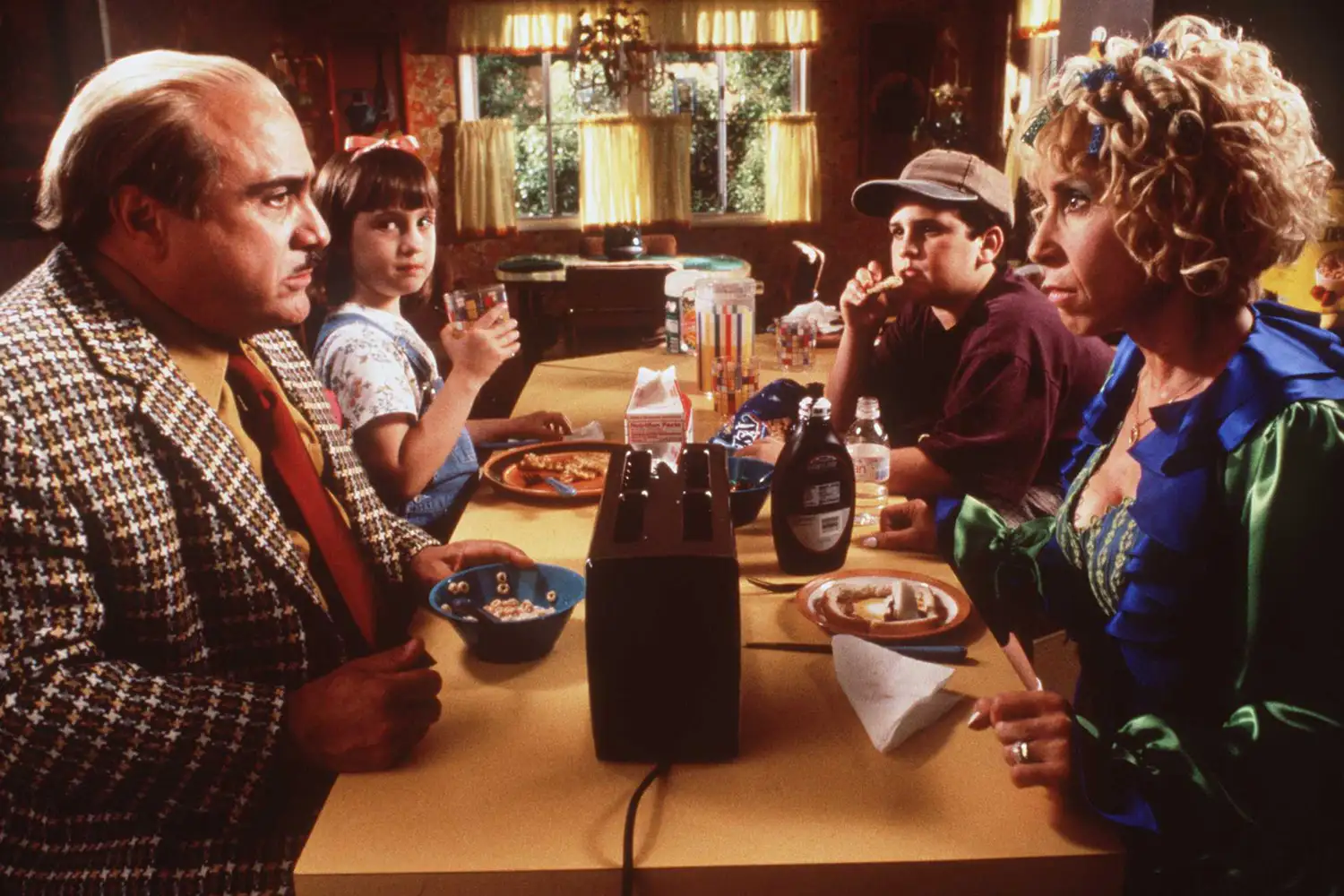 Danny DeVito, Mara Wilson, Brian Levinson, and Rhea Perlman in ‘Matilda.’. Getty Danny DeVito, Mara Wilson, Brian Levinson, and Rhea Perlman in ‘Matilda.’. Getty