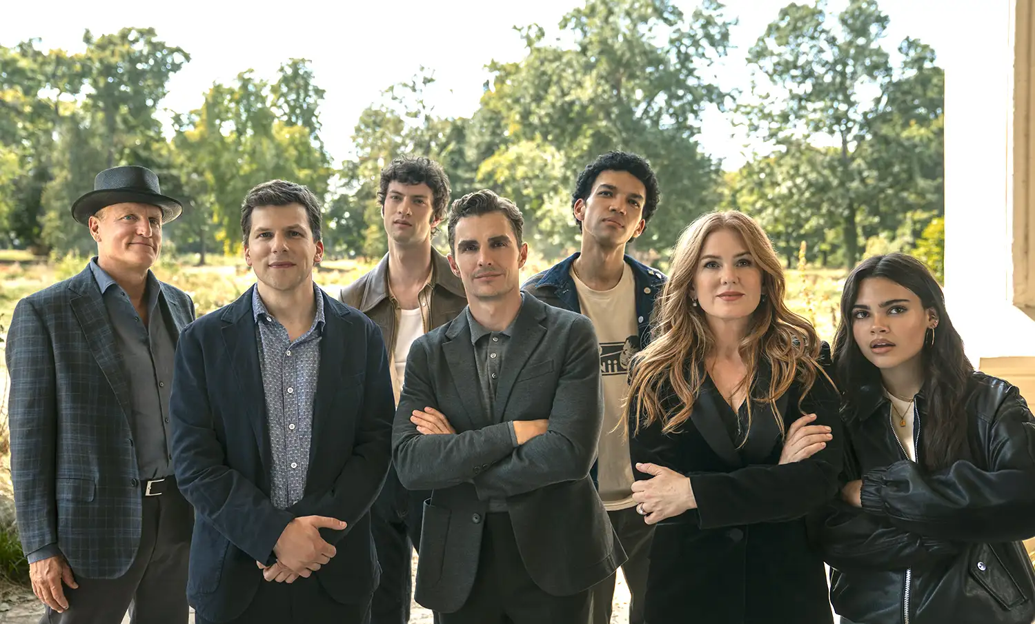Woody Harrelson, Jesse Eisenberg, Dominic Sessa, Dave Franco, Justice Smith, Isla Fisher and Ariana Greenblatt, from left, in ‘Now You See Me, Now You Don’t’.